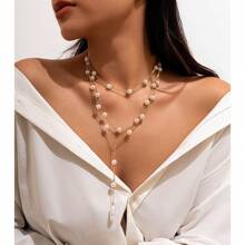 1pc Women's Elegant Minimalist Multi-Layer Faux Pearl Tassel Necklace
