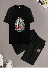 Men's Faith Graphic Short Sleeve T-Shirt And Shorts Set, Casual Daily Wear