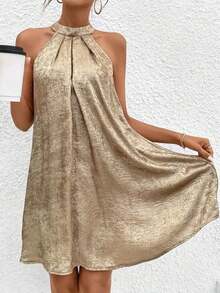 Plus Size Women's Elegant Beach Vacation Backless Design Solid Color Halter Neck Sleeveless A-Line Midi Dress - Gold - View 3