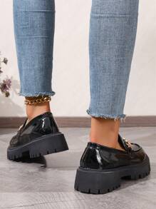 Women's 2024 Spring Autumn New Casual Loafers, British Style Thick-Soled Chain Decor Flat Shoes PU Loafers Non-Slip Wear-Resistant Fashionable Mary Jane Shoes - Black Chain - View 5