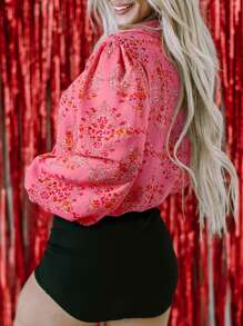 Astylish 女士花卉印花衬衫 波西米亚风休闲长袖纽扣衬衫上衣 时尚度假装春季衬衫 - 粉色 - 查看 5