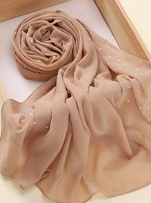 1pc Heavily Embellished Chiffon Rhinestone Hijab Scarf For Abaya - Dusty Pink - View 12