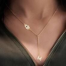 1pc New Classic Pave Zirconia Initial Hamsa Hand Gold Color Stainless Steel Chain Necklace For Women