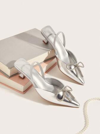Fall/Winter Women Metallic Bow Decor Point Toe Slingback Pumps, Glamorous Outdoor Pumps, Elegant, Kitten Heels, Party