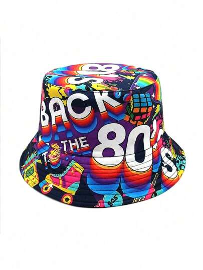 1pc Unisex Vintage 80s Style Letter Graphic Bucket Hat, Reversible For Sun Protection, Random Graphic Position, Spring/Summer