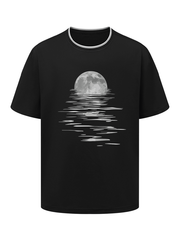 Plus Size Men's Moon Print Casual Ribbed Crew Neck T-Shirt, Summer