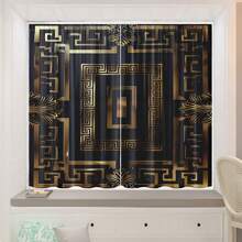 2Pcs Black & Gold Square Classic Pattern Digital Print Semi-Sheer Curtains, Rod Pocket Style, Polyester Material, Suitable For Living Room, Bedroom, Study, Office, Home Decor