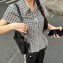 Women's Short Sleeve Plaid Button Down Shirt Button Up Blouses Casual Summer Tops Streetwear For Casual Daily - Navy Blue - View 1