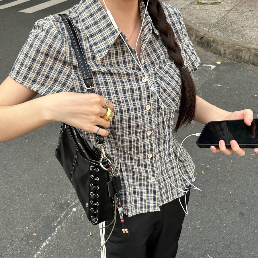 Women's Short Sleeve Plaid Button Down Shirt Button Up Blouses Casual Summer Tops Streetwear For Casual Daily - Navy Blue - View 1