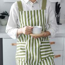 1st gestreepte schort, gemaakt van polyestervezelmateriaal, eenvoudig, comfortabel en ademend, met twee zakken, schort, geschikt voor thuisgebruik, bakken, koffieshops, bloemenwinkels