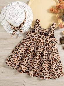 2 件装女婴夏季蝴蝶结豹纹无袖连衣裙和帽子套装，度假海滩装 - 棕色 - 查看 2