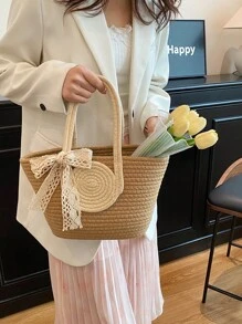 Two Tone Straw Bag Medium Double Handle Vacation,School Bag,Large Capacity,Portable,For Teen Girls Women College Students,White-Collar Workers,Perfect For Work, Back To School,Middle School,High School,College,Vacation, Vacation Bag For Summer, Beach Purse, Perfect For Summer, Vacation & Daily Use