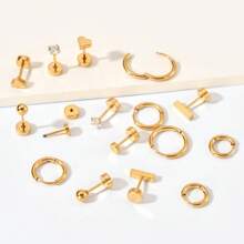 DAILI Set de 8 pares de pendientes dorados para mujer con múltiples perforaciones, de acero inoxidable y titanio, diseños con puntos, bolas, ópalo y circonita cúbica, calibre 20, conjunto de pendientes con aro y de botón con respaldo plano, aptos para pieles sensibles