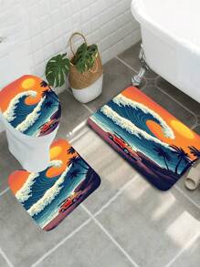 1 conjunto, patrón de ola, paisaje de puesta de sol, coche, tabla de surf, juego de 3 piezas de alfombra de baño de elementos diarios, alfombra de baño absorbente y lavable, alfombra de baño antideslizante, tapa de inodoro, alfombra de baño gruesa y suave, ducha, cocina, lavandería, baño, sala de estar, dormitorio, alfombra de interior, accesorio de decoración del hogar
