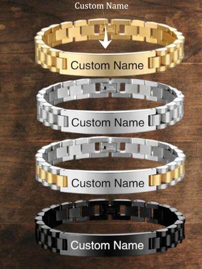 1 pièce Bracelet en acier inoxydable personnalisable avec gravure de nom pour hommes | Bracelet avec nom personnalisé Cadeaux pour petit ami à la Saint-Valentin, Or, Noir, Argent, Cadeaux idéaux pour lui, Papa, Anniversaire, Anniversaire, Remise des diplômes, Rentrée scolaire, Cadeau de la Fête des Pères