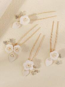 4 件装新款陶瓷花白色碎花发叉发插新娘头饰欧式简约珍珠点缀配饰 - 金色 - 查看 8