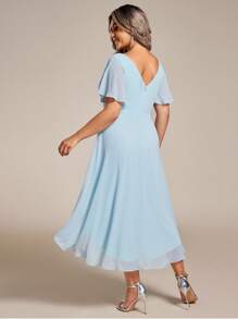 Plus Size Women Double V-Neck Ruffles Sleeve A-Line Chiffon Midi Wedding Guest Dress, Bridesmaid Dress - Baby Blue - View 3