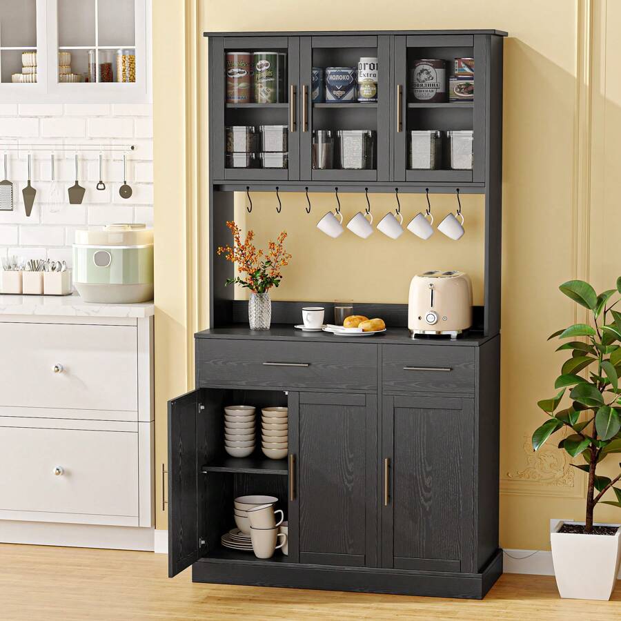 71" H Tall Kitchen Storage Cabinet With Doors, Shelves, Drawer - Black - View 1