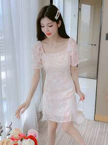 RUIWY 春夏束腰珍珠串珠雪纺迷你连衣裙，迷人设计 - 粉色 - 查看 9