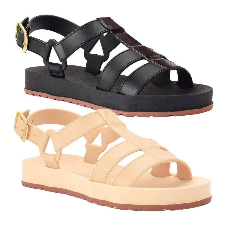 Kit 2 Women's Sandals Comfortable Elegant Low Promotion - 黑色和米色 - 查看 1