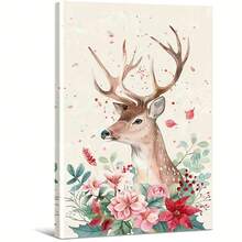 Watercolor Deer With Antlers And Flowers. Large Wooden Framed Wall Painting Artist Home Decoration Oil Painting - Bedroom, Bathroom, Living Room, Office, Kitchen, Christmas Gifts - 1 Piece