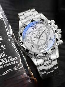 1 件/套时尚简约三眼混合刻度石英钢带手表，适合日常搭配、生日礼物、万圣节礼物、年终促销、光棍节 - 銀色 - 查看 3