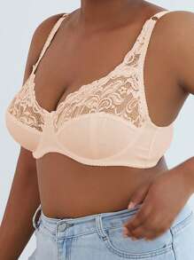 Plus Size Thin Lace Underwired Bra, Sexy Solid Color Women Lingerie, Lift