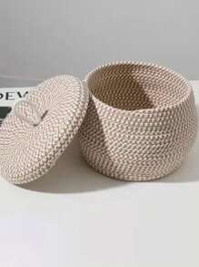 Nordic Style Cotton Rope Storage Basket With Lid, Tabletop Organizer Bin, Woven Makeup Holder & Key Accessories