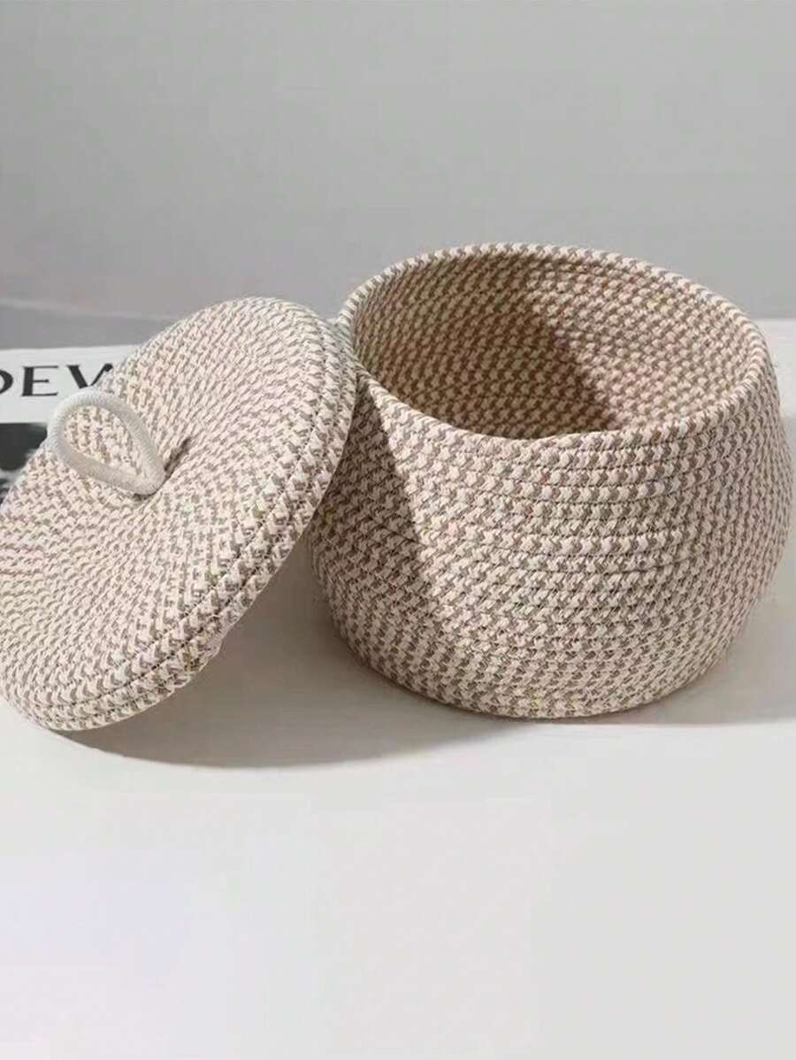 Nordic Style Cotton Rope Storage Basket With Lid, Tabletop Organizer Bin, Woven Makeup Holder & Key Accessories