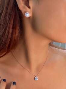 1 套奢华华丽蓝色方晶锆石花形吊坠项链和耳环首饰套装，适合女士