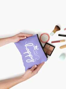 Make-uptas met opdruk van de letters "Happy" en een klein bijenpatroon - lichtgewicht en geurloze reistas van polyester, geschikt voor natuurliefhebbers en vrouwen, leuke multifunctionele canvas tas in cartoonstijl, perfect cadeau voor tieners, verjaardags- en reisaccessoires, vakantiecadeaus, boho-sfeer, voor strandvakanties, badkamercollectie, slaapkamercollectie, grote capaciteit
