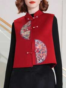 Springtime Asymmetrical Double Dragon Embroidered Cardigan Vest Top, Short Style, Sleeveless Red Cropped Jacket, Elegant And Casual Vest For Women. Fold-Front Cardigan, Unlined, A Great Gift For Mothers, A Stylish Vest, High-Quality And Fashionable, Suitable For Holidays, Shopping, Everyday Wear, Casual Occasions, Vacations, Social Events, And Parties. - Red - View 5