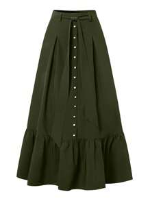 ZANZEA Fashion Women Elastic Waist Summer Party Casual Loose Ruffles A Line Long Skirt - 軍綠色 - 查看 3