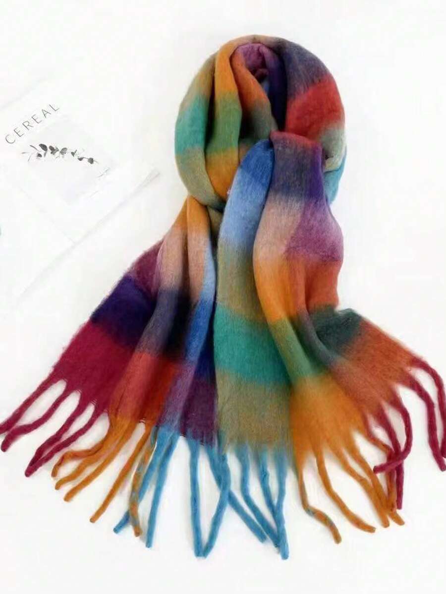 1pc Colorful Plaid Tassel Circle Scarf Shawl - Multicolor - View 1