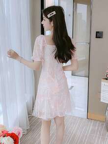 RUIWY 春夏束腰珍珠串珠雪纺迷你连衣裙，迷人设计 - 粉色 - 查看 2