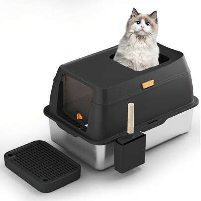 Stainless Steel Cat Litter Box, Detachable Enclosure Litter Box With Lid, Large Litter Tray With Litter Scoop & Sand Filter Pedal