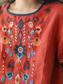 Women's Embroidered Blouse Cotton Linen Short Sleeve Peasant Boho Mexican Tunic Top Casual T Shirt - 紅色 - 查看 4