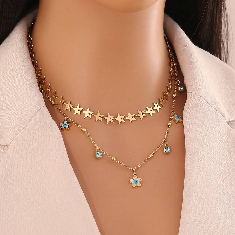 Freegrow 1pc Devil's Eye & Star Stainless Steel Double Layer Necklace, Suitable For Women Daily Wear - Gold - View 1