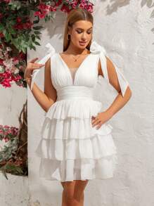 Glitzerndes mehrschichtiges transparentes Kleid, V-Ausschnitt mit Schleifendesign, Cocktail-Party Abendkleid, geeignet für Party, Hochzeitsereignisse, Hochzeitsgast Kleid