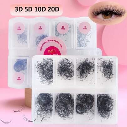 500/1000/2000 片预制假睫毛簇，3D 5D 10D 20D 预制假睫毛簇，8-15mm 混合长度，D 卷度，预制喇叭形假睫毛，细底预制蓬松假睫毛 (0.07 D 8-15mm)