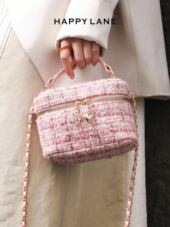  HAPPY LANE Women's Tweed Chain Shoulder Bag, Classic Designer-Inspired Handbag,Elegant Pearl Handle Crossbody Purse, Versatile For Shopping, Casual, Work, And Evening Outfits