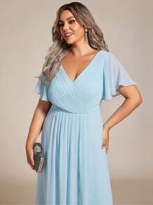 Plus Size Women Double V-Neck Ruffles Sleeve A-Line Chiffon Midi Wedding Guest Dress, Bridesmaid Dress - Baby Blue - View 6