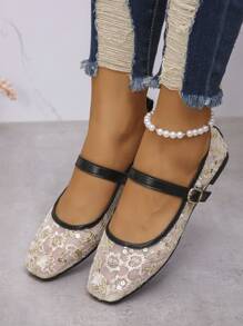 加大码 35-43 新款轻质透气系带玛丽珍平底鞋，米色，透气网眼一脚蹬休闲凉鞋，激光切割花卉图案，舒适女式平底鞋 - 米色 - 查看 5