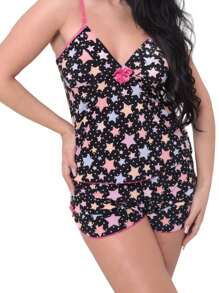 Pijama Feminino Baby Doll Charmoso | Tecido de Malha Fria Estamapo | Pijama Confortável - Preto - Visão 1