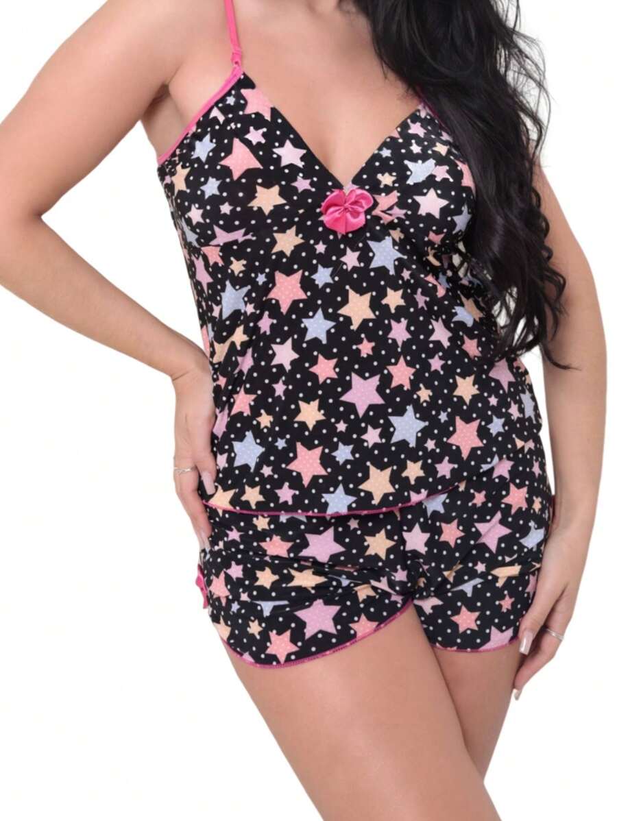 Pijama Feminino Baby Doll Charmoso | Tecido de Malha Fria Estamapo | Pijama Confortável - Preto - Visão 1