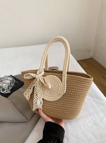 Two Tone Straw Bag Medium Double Handle Vacation,School Bag,Large Capacity,Portable,For Teen Girls Women College Students,White-Collar Workers,Perfect For Work, Back To School,Middle School,High School,College,Vacation, Vacation Bag For Summer, Beach Purse, Perfect For Summer, Vacation & Daily Use