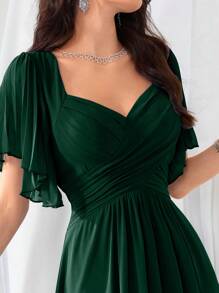 Flounce Sleeve Back Sweetheart Neck Solid Color Tulle Dress, Bridesmaid Dress, Bride Dress, Birthday Women Outfits, Graduation Dress, Formal Dress - Dark Green - View 5