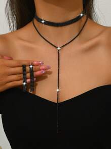 1 件双层 Y 形水钻项链 + 1 对奢华水钻耳环，适合正式活动