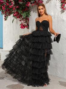 Strapless Polka Dot Mesh Princess Cake Dress Evening Gown, Party Dress, Wedding Guest Dress, Prom Dress