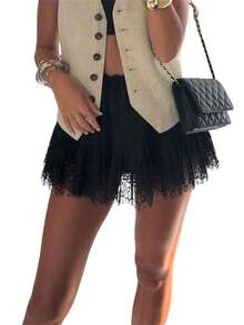 Women Short Mini Skirt Eyelash Lace Trim High Waist Pleated Ruffle Half Slip Underskirts Layered Satin Short A-Line Skirt - 黑色 - 查看 3